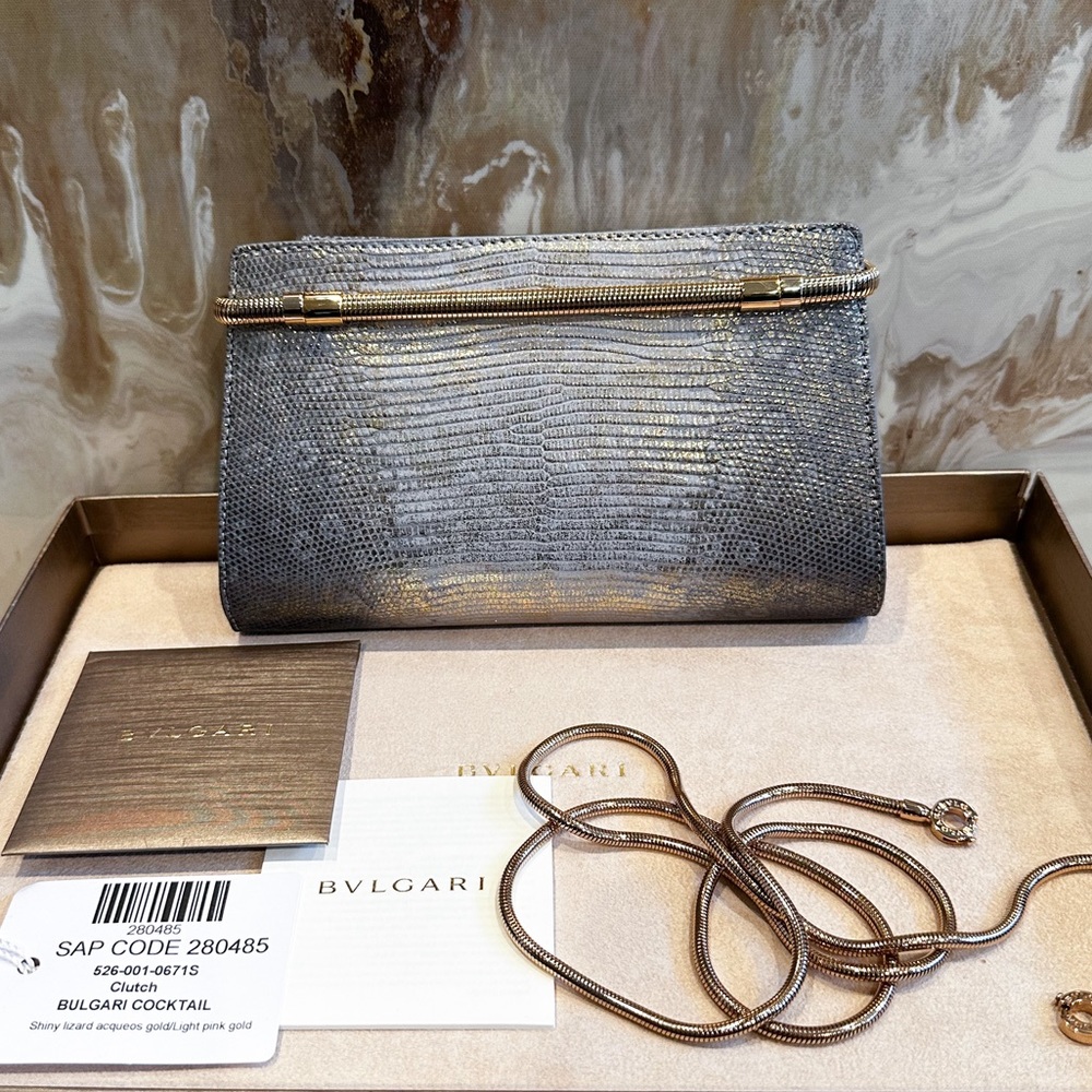 Bvlgari Serpenti "Tubogas" Stingray Lizard Metallic Chain Clutch. NEW WITH BOX - Picture 3 of 15